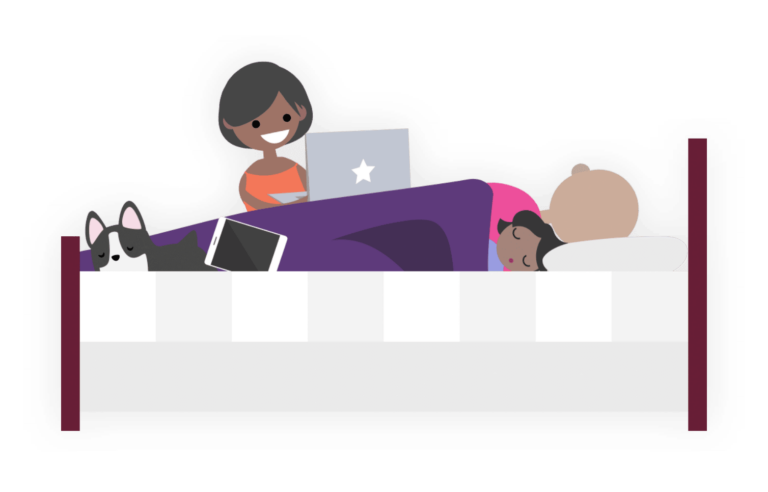 Better Sleep Council Woman using laptop on bed with family